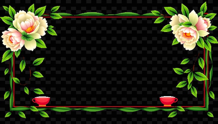 PSD pixel tea leaf border frame hoa mẫu đơn xanh và lá trà xoắn dọc theo png chinese frame style