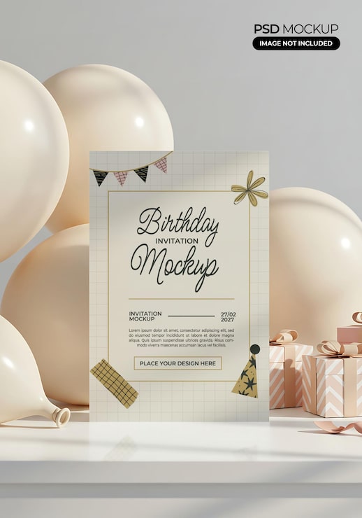 PSD thiết kế mockup thiệp mời sinh nhật trang nhã với bóng bay và quà tặng màu kem