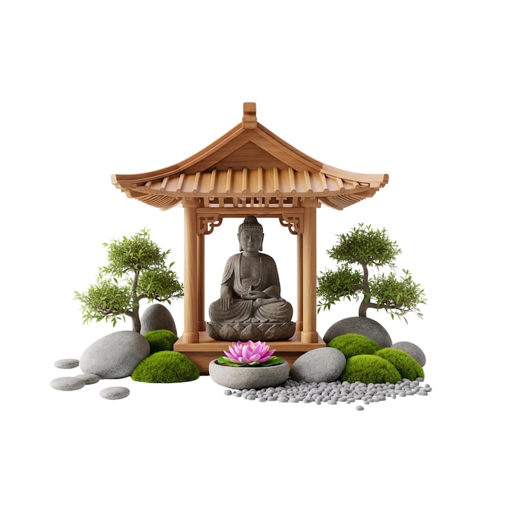 PSD tượng phật trong vườn thiền thu nhỏ với tháp và bonsai