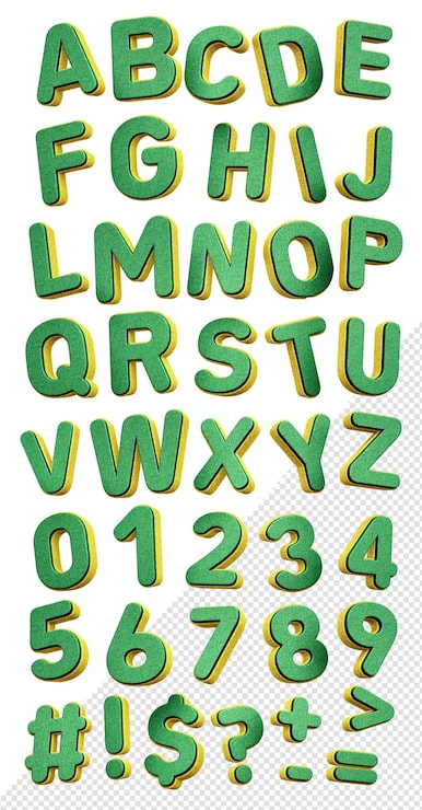 PSD Gratis 3d alphabet font bw seido hijau dengan glitter kuning