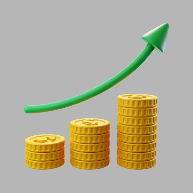 PSD gratuito 3d pilas de monedas de un dólar con flecha de crecimiento