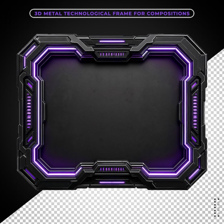 Gratis PSD 3d technologische fotolijst gemaakt van metaal en lila neon