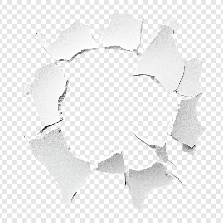 Gratis PSD abstracte gat in wit oppervlak gebroken textuur verpletterde stukken cirkelvormige scheur beschadigde muur grijs schaal ontwerpelement
