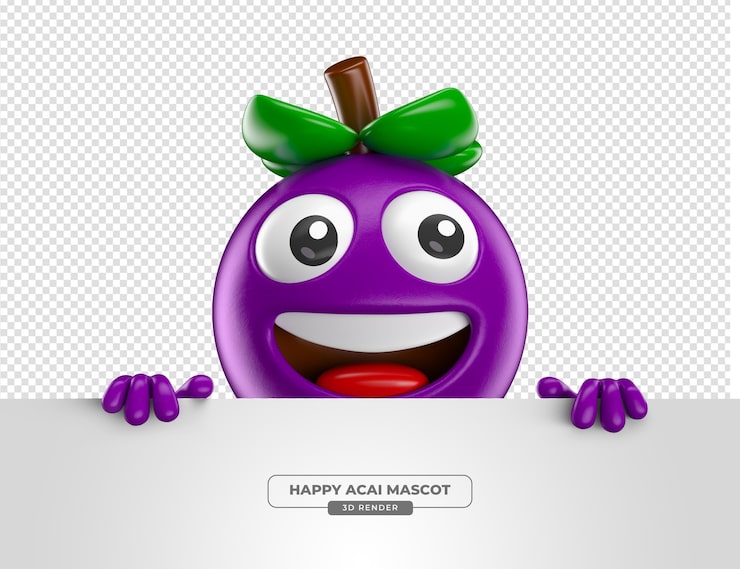 Gratis PSD acai berry mascot peeking over edge cartoon 3d render met doorzichtige achtergrond