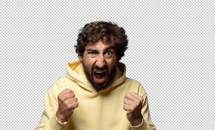 Gratis PSD agressief schreeuwen met een geïrriteerde gefrustreerde boze blik en strakke vuisten voelen woedend