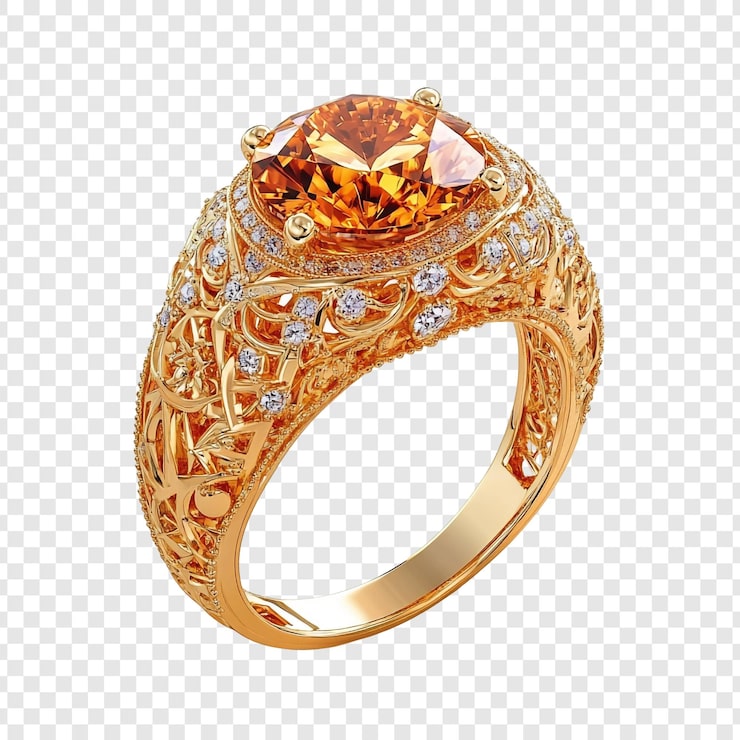 PSD gratuito anillo dorado con piedras preciosas naranja y diamantes exquisito diseño de filigrana
