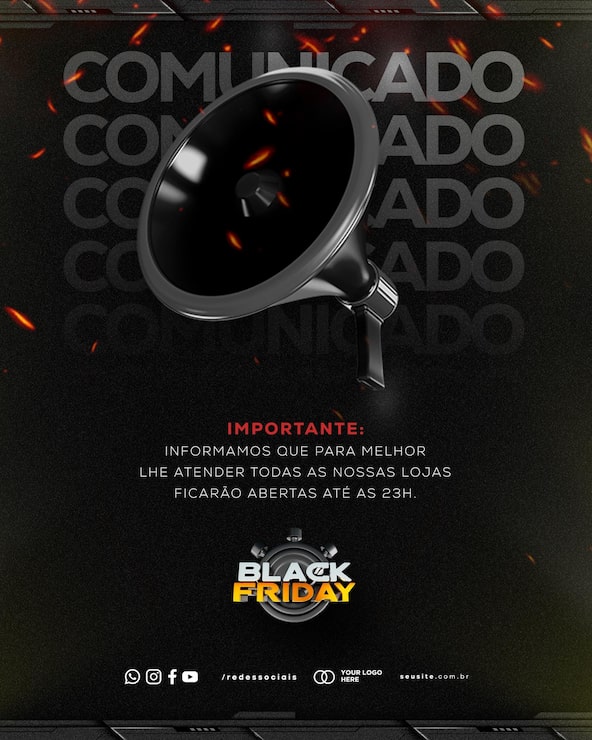 PSD gratuito anuncio de horario extendido de black friday con megáfono y efectos de fuego
