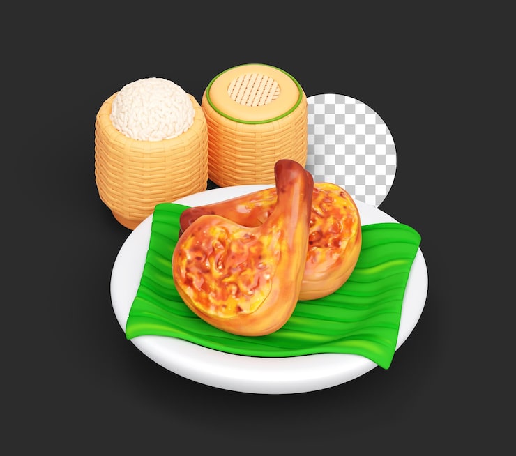 PSD Gratis ayam bakar dengan ketan dalam keranjang bambu thailand ilustrasi 3d