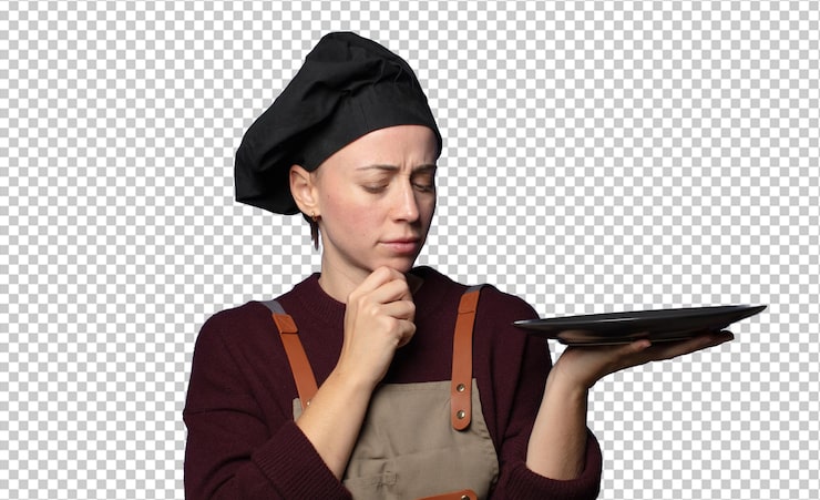 PSD gratuito bionda giovane bella donna chef con un piatto vuoto