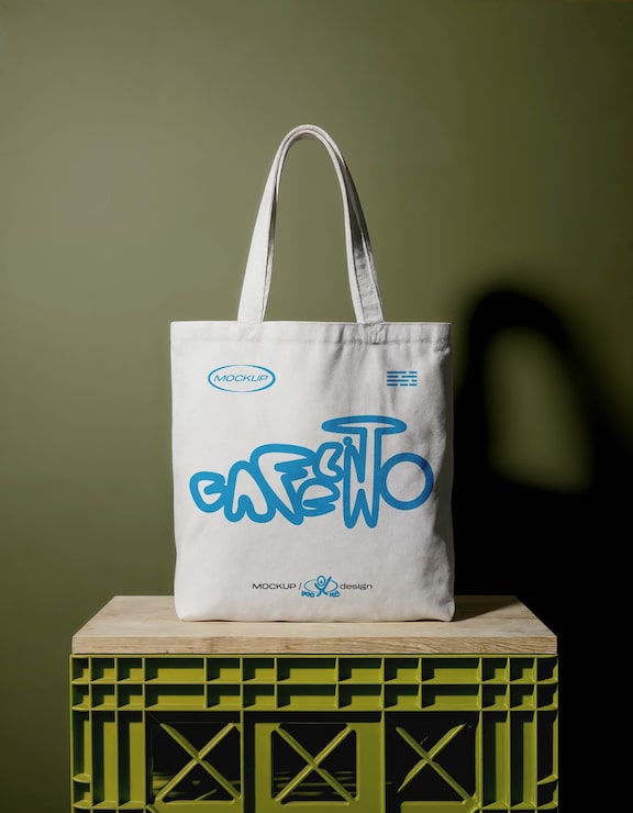 PSD gratuito bolsa de tela blanca sobre caja verde