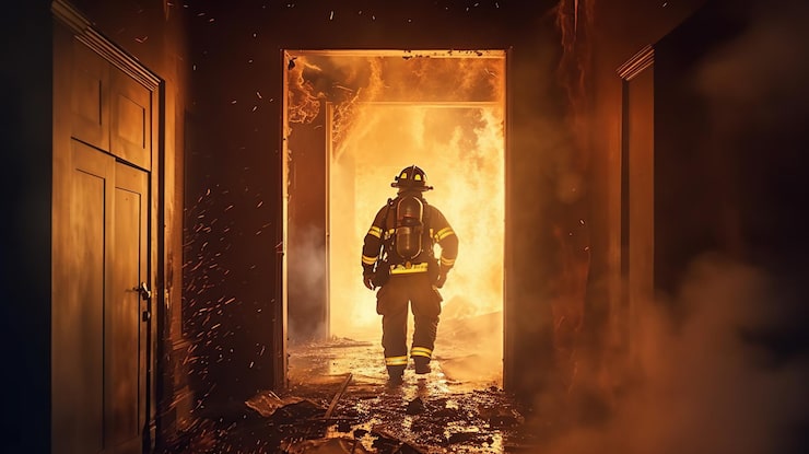 PSD gratuito un bombero trabaja en un incendio un bombero camina dentro de un edificio en llamas ia generativa