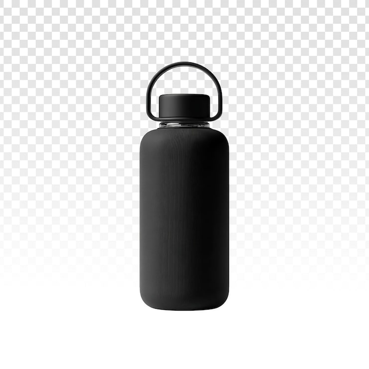 PSD gratuito botella de agua negra con asa aislada