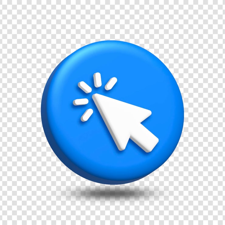 PSD gratuito botón circular azul 3d con acción de clic de cursor blanco