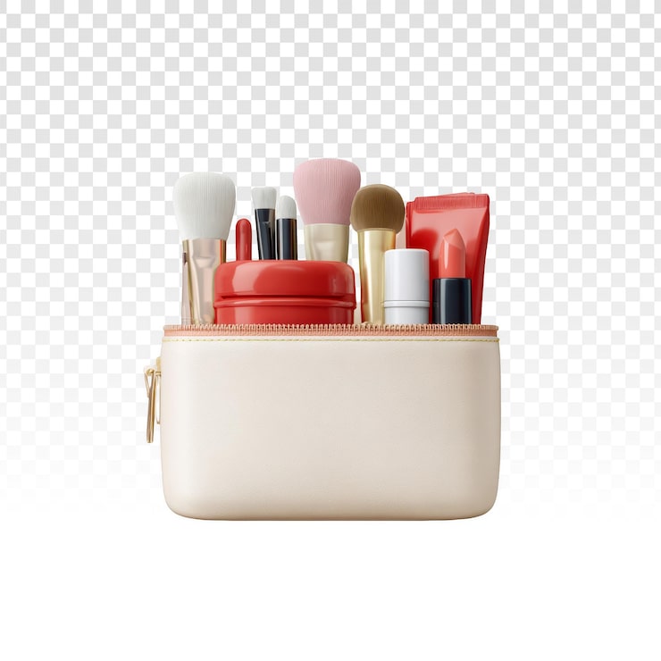 PSD gratuito brochas de maquillaje y cosméticos en un neceser