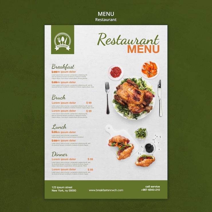 PSD gratuito cartel de menú de restaurante con plantilla de impresión de comida