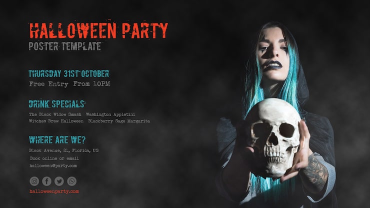 PSD gratuito chica de pelo azul con una fiesta de halloween de calavera