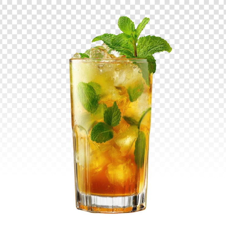 PSD gratuito un cóctel de menta vibrante y refrescante en un vaso highball lleno de hielo y adornado con una ramita de menta fresca, sobre un fondo negro