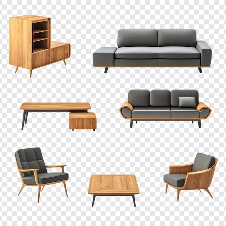 PSD gratuito colección de muebles modernos de mediados de siglo sofá sillones y mesas de madera