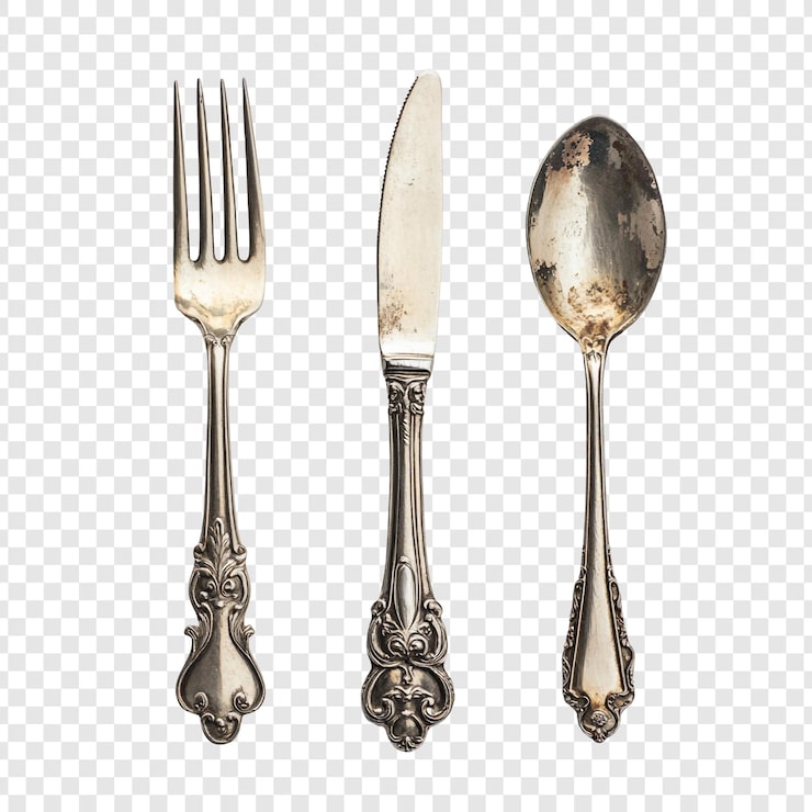 PSD gratuito conjunto de plata antigua elegante cuchillo y cuchara de tenedor