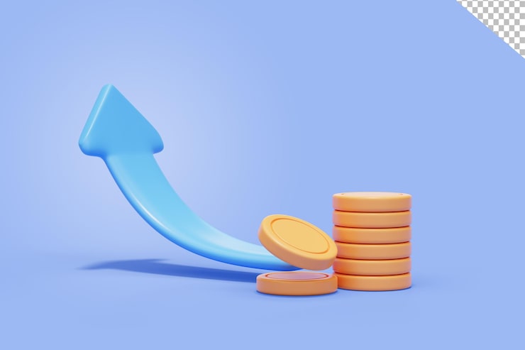 PSD gratuito crecimiento de flecha con moneda negocio y finanzas inversión beneficio comercio web icono 3d ilustración