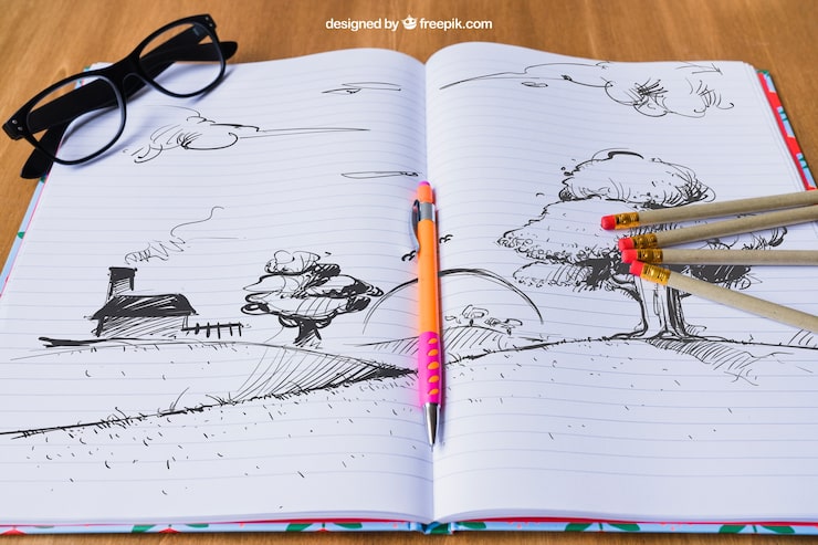 PSD gratuito cuaderno con dibujo de paisaje, lápices y gafas
