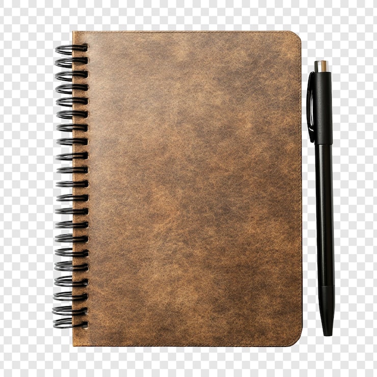 PSD gratuito cuaderno de espiral marrón y bolígrafo negro sobre fondo blanco