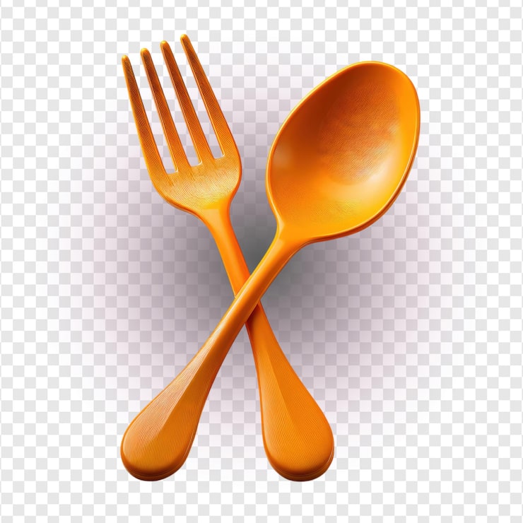 PSD gratuito cubiertos de plástico naranja (tenedor y cuchara) sobre fondo negro, aislados sobre fondo transparente