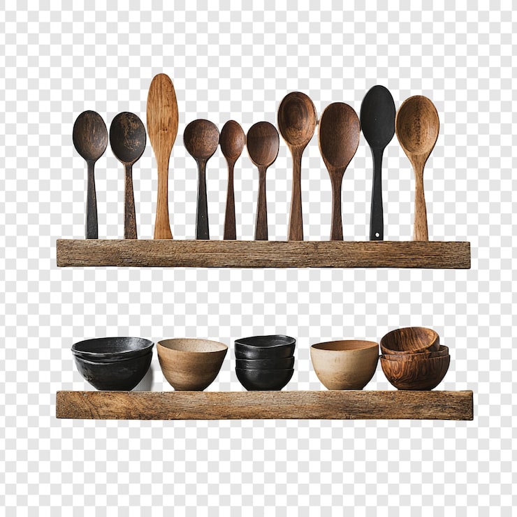 PSD gratuito cucharas y cuencos de madera rústicos en los estantes