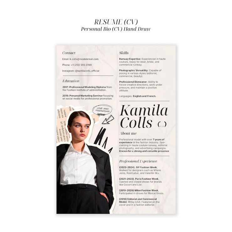 PSD gratuito currículum de kamila colls - cv de modelo de moda