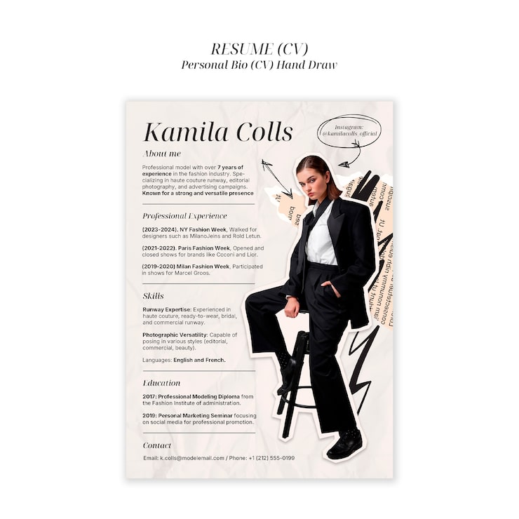 PSD gratuito currículum vitae de kamila colls: biografía de modelo profesional