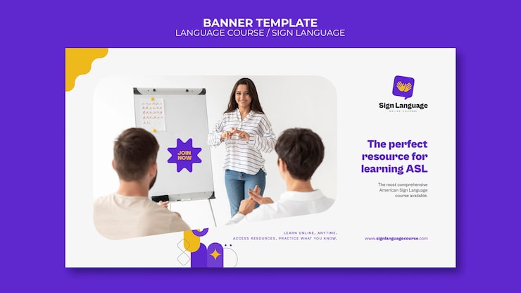 PSD gratuito cursos de idiomas y plantilla de banner horizontal de lenguaje de señas con formas abstractas