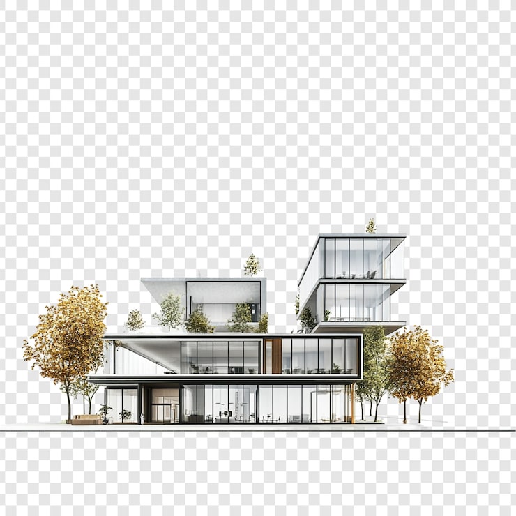 PSD gratuito diseño arquitectónico moderno un edificio de varios pisos con fachadas de vidrio y árboles de otoño