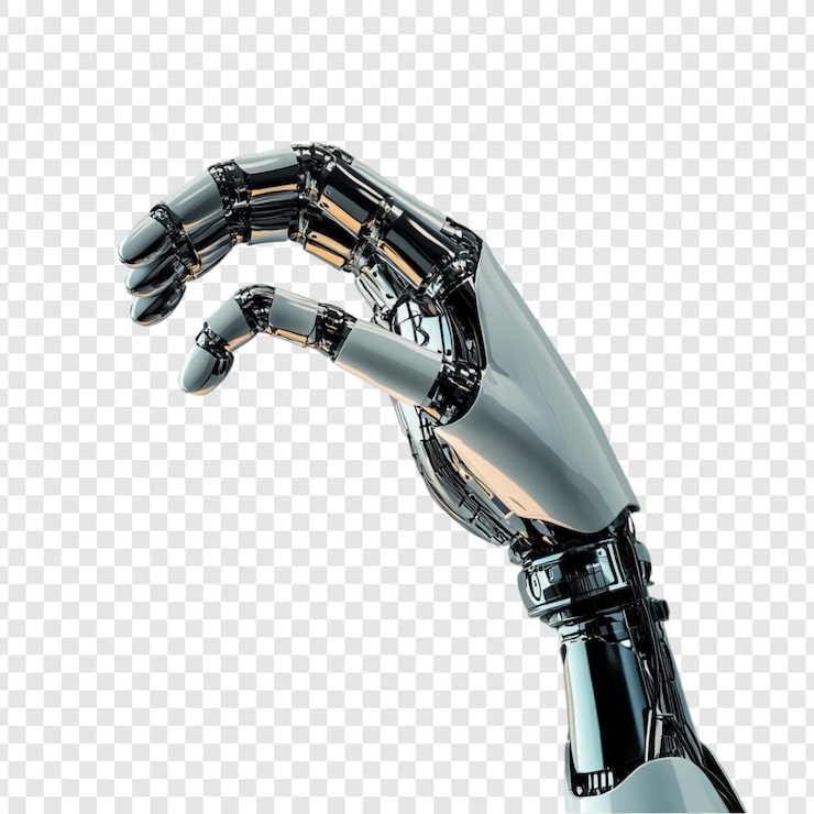 PSD gratuito el diseño futurista de la mano robótica que alcanza el cromo y el acero