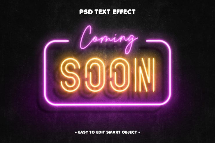 PSD Gratis efek teks neon style coming soon yang dapat diedit