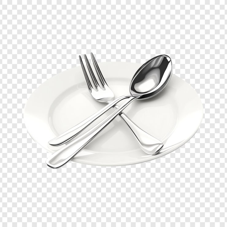 PSD gratuito elegante cucchiaio e forchetta d'argento su piatto bianco pronti per un pasto
