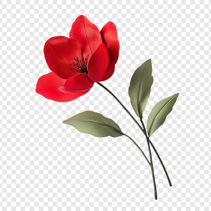 PSD gratuito elegante flor roja con hojas verdes sobre un fondo transparente