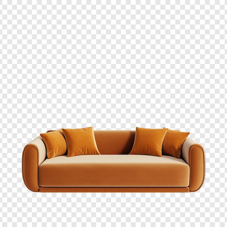 PSD gratuito elegante sofá de terciopelo naranja con cojines