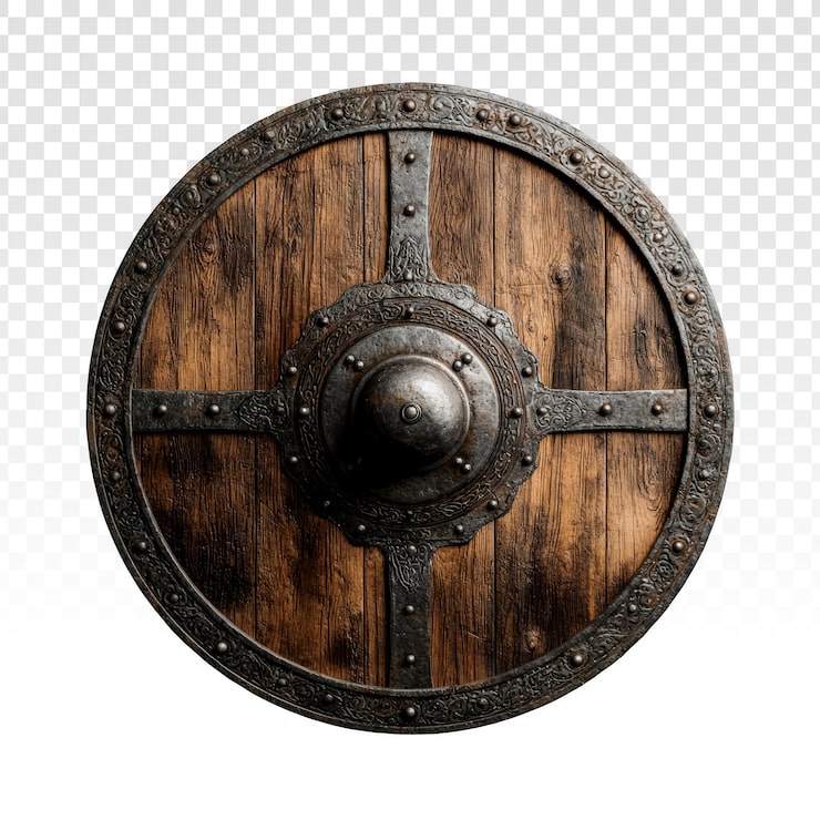 PSD gratuito escudo vikingo de madera con umbo metálico aislado