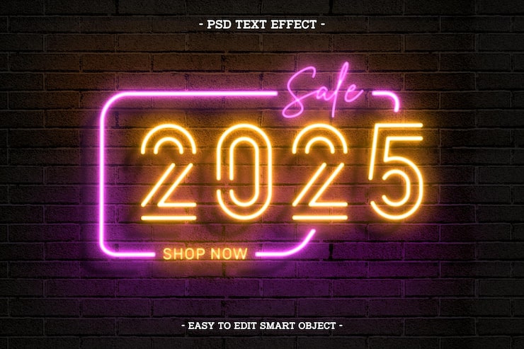PSD Gratis gaya neon selamat tahun baru 2025 efek teks bisa diedit