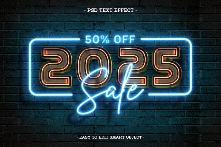 PSD Gratis gaya neon selamat tahun baru 2025 efek teks bisa diedit