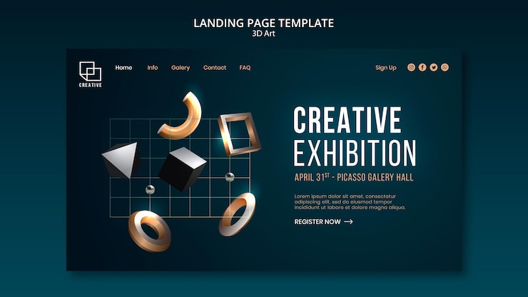 PSD Gratis halaman arahan untuk pameran seni dengan bentuk tiga dimensi kreatif