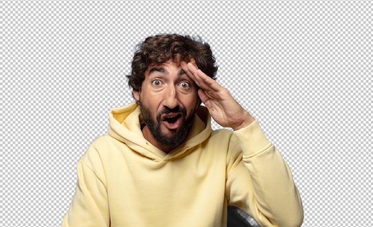 Gratis PSD hij zag er gelukkig uit, verbaasd en verbaasd, glimlachend en besefte verbazingwekkend en ongelooflijk goed nieuws.