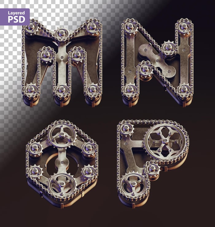 PSD Gratis huruf gaya steampunk 3d yang terbuat dari perlengkapan dan rantai sepeda