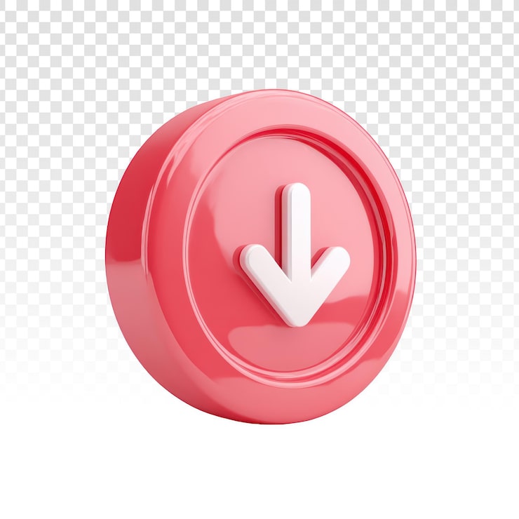 PSD gratuito icono de botón de descarga 3d rojo brillante con flecha hacia abajo