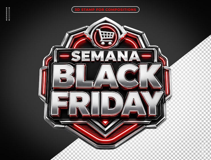 PSD gratuito insignia 3d metálica de black friday con icono de carrito de compras aislada sobre fondo transparente