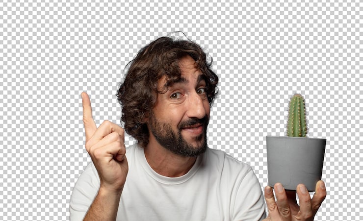 PSD gratuito joven adulto barbudo sosteniendo una planta de cactus
