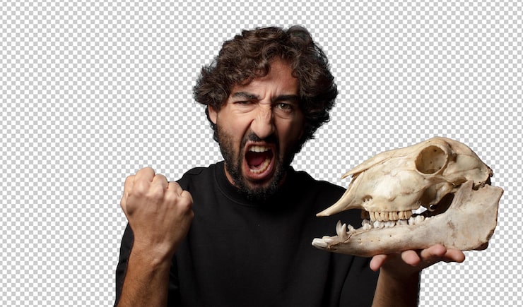 PSD gratuito joven loco barbudo sosteniendo un cráneo de animal