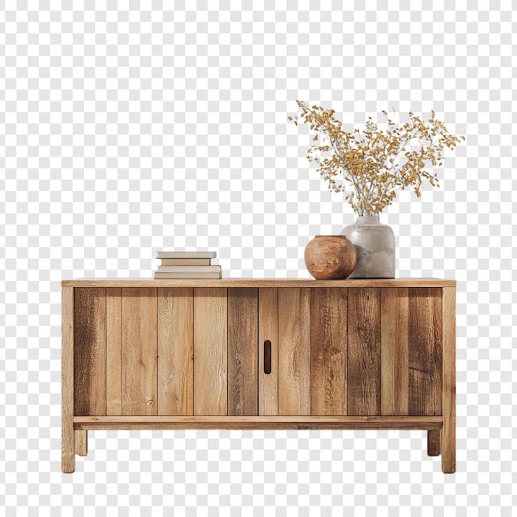 PSD Gratis kabinet kayu rustic dengan bunga kering dan buku