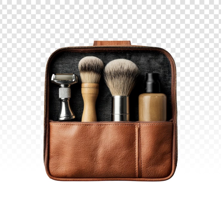 PSD gratuito kit de afeitado y aseo para hombres en neceser de cuero