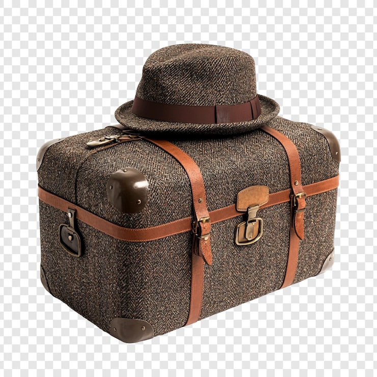 PSD Gratis koper perjalanan antik dengan topi tweed sebuah perjalanan menanti